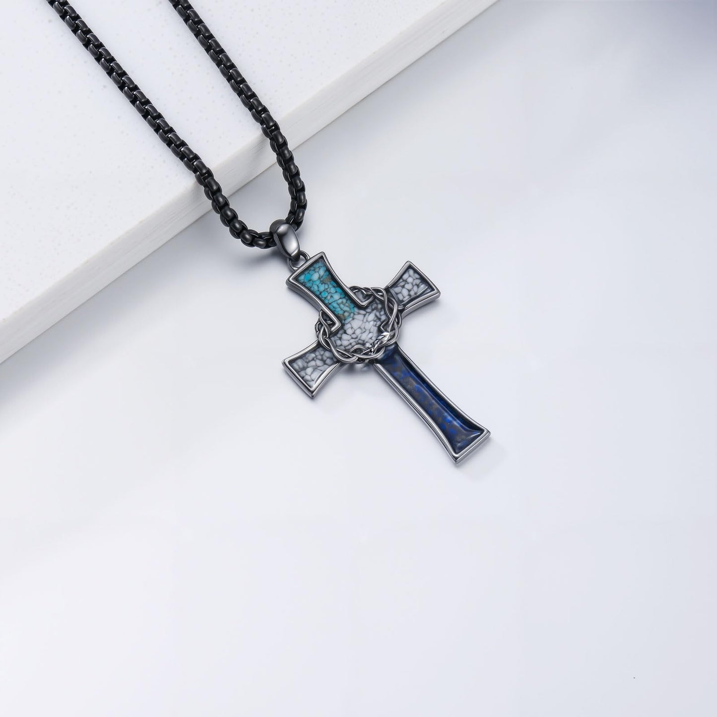 YEESIA Cross Necklace for Women Men, 925 Sterling Silver, Black Thorn Crown Cross Pendant Necklace with Turquoise, Christian Jewelry, Gift for Women Men