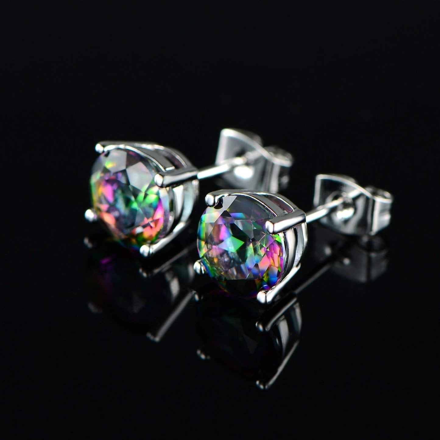 Womens Earrings 6mm Round Created Rainbow Quartz Mystic Topaz Gemstone 18K White Gold Plated CZ Ear Piercings Studs for Mens Earingssimple Hypoallergenic Jewelry Birthday Gifts