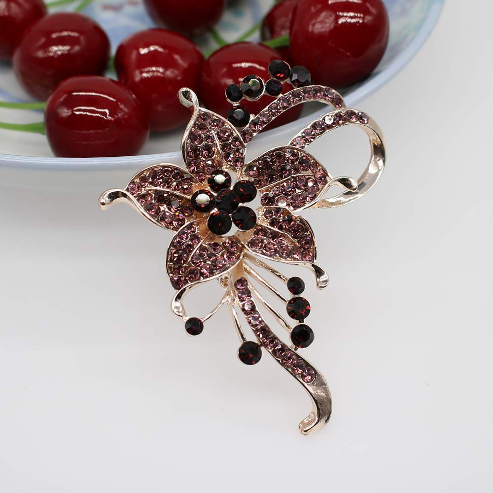 Flower Crystal Brooches Pins Fashion Beautiful Created Dark Red Rhinestone Floral Brooch Good Idea for Party Dance Wedding Banquet for Elegant Women Girl(Plum crystal flower brooch)