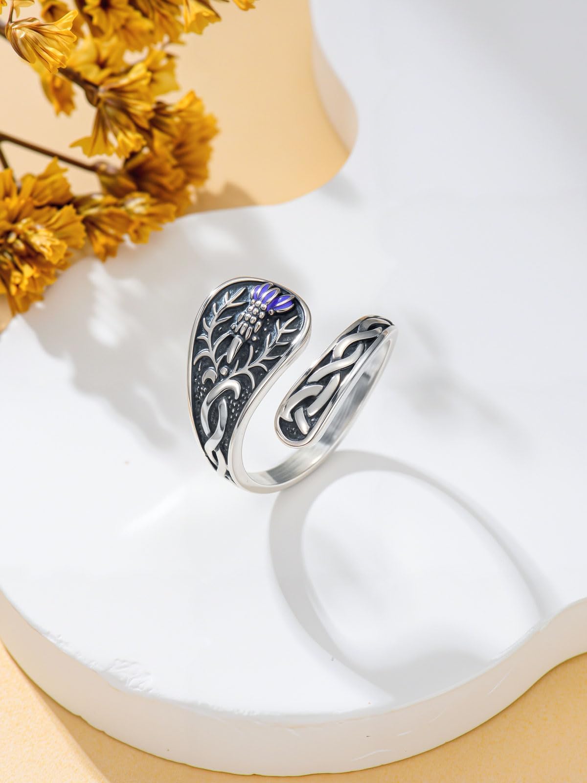 Midari Scottish Thistle Spoon Rings for Women 925 Sterling Silver Adjustable Celtic Knot Rings Open Spoon Thumb Rings Scottish Thistle Irish Jewelry for Women Men Birthday Gifts