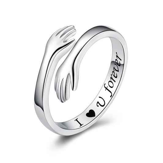 925 Sterling Silver Adjustable Hug Ring Come to My Arm Couple Hugging Rings for Women Mens Wedding Band Rings I Love You Forever Engraved Wrap Around Rings Hand Ring Jewelry for Women Teens (Silver)