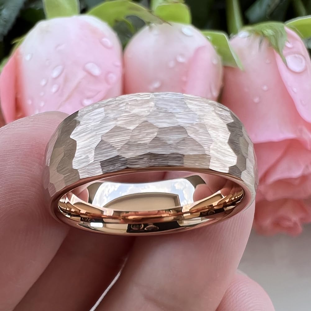 TUTISS 8mm Rose Gold Hammered Tungsten Rings for Men Women Engagement Wedding Bands Domed I Love You Engraved Comfort Fit Size 7