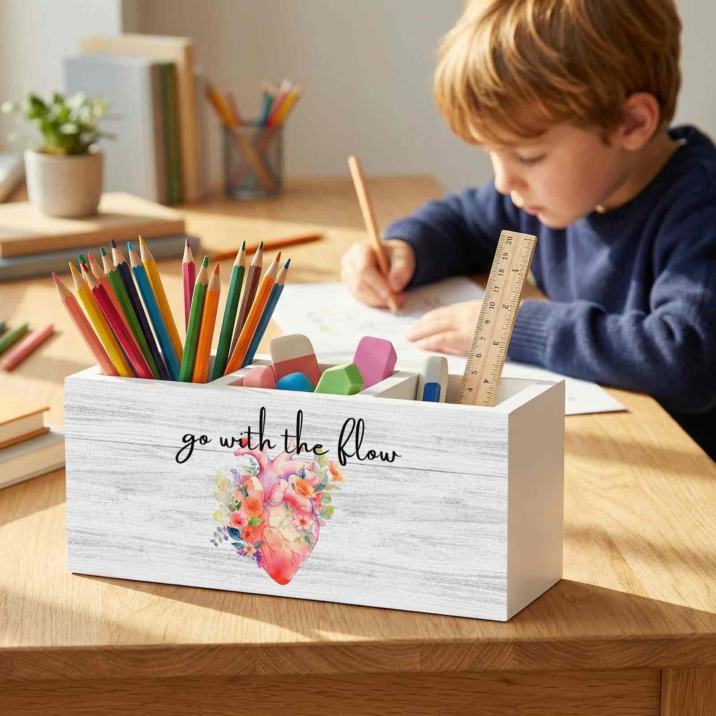 XINCEYWJ Nurse Office Pencil Pen Holder for Desk Organizer, Nurse Appreciation Gifts, Nursing Week Gifts, Go with the Flow Flower Heart Wooden Box Decorations for Office Desk Tabletop Decor