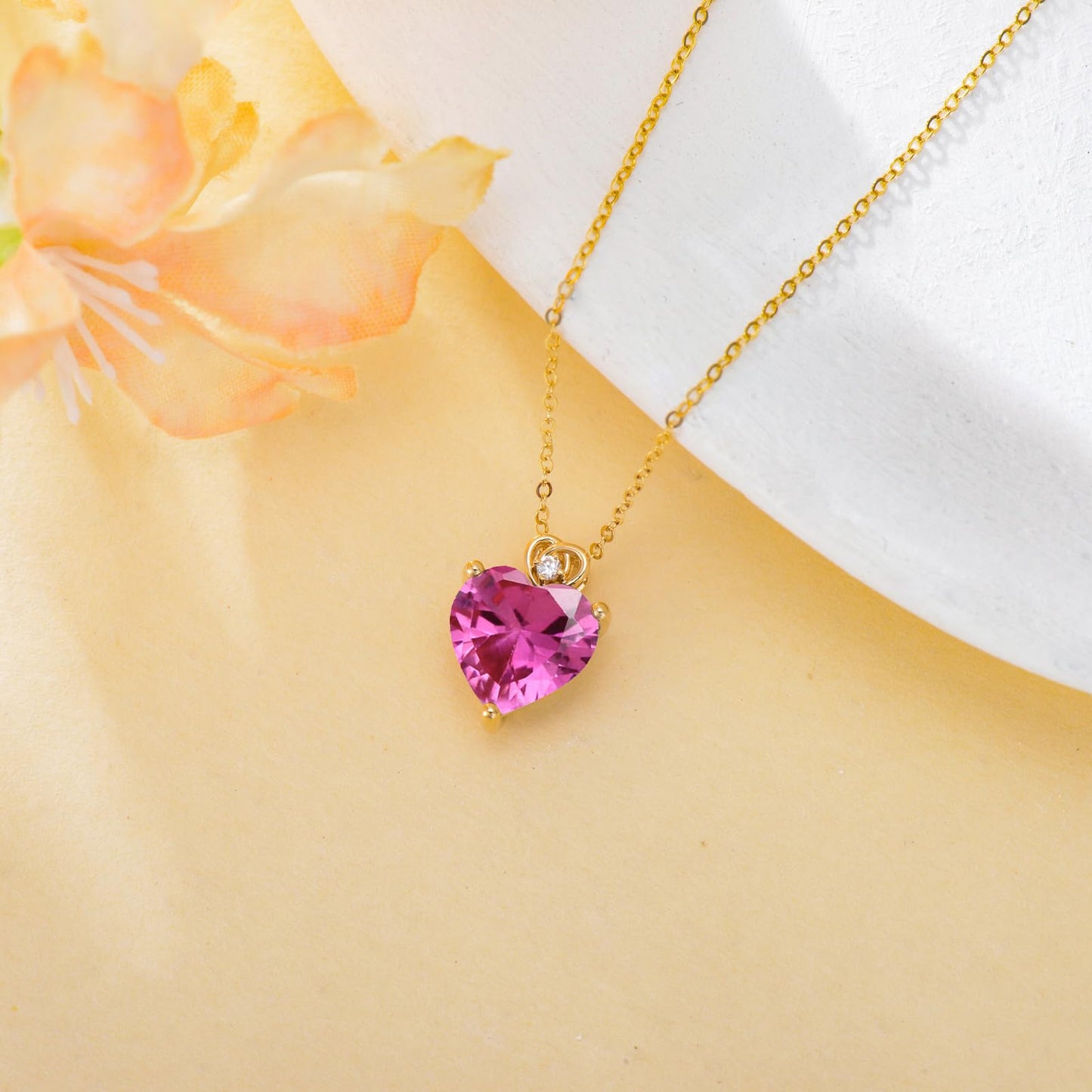 NFYBD 14k Gold Love Heart Tourmaline Birthstone Pendant Necklace for Women 3 Carat Heart-cut Created Gemstone Anniversary Birthday Mother's Day Necklaces for Her 16+1+1 inch-Oct