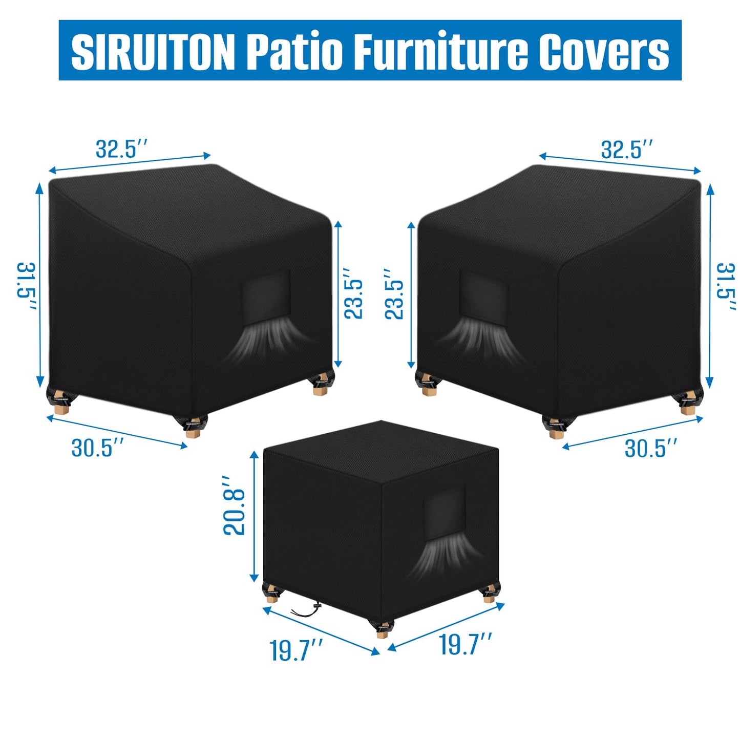 SIRUITON 3 Piece Outdoor Veranda Patio Garden Furniture Cover Set with 600D Durable and Water Resistant Fabric,Fit for Outdoor Wicker Patio Furniture Sets/Rattan Chair Conversation Sets-Balck
