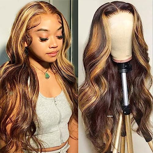4/27 Highlight HD Lace Front Wigs Human Hair Pre Plucked 13x4 Body Wave Frontal Wig with Baby Hair 180% Density Ombre Brown and Honey Blonde Human Hair Wigs for Black Women 20 Inch