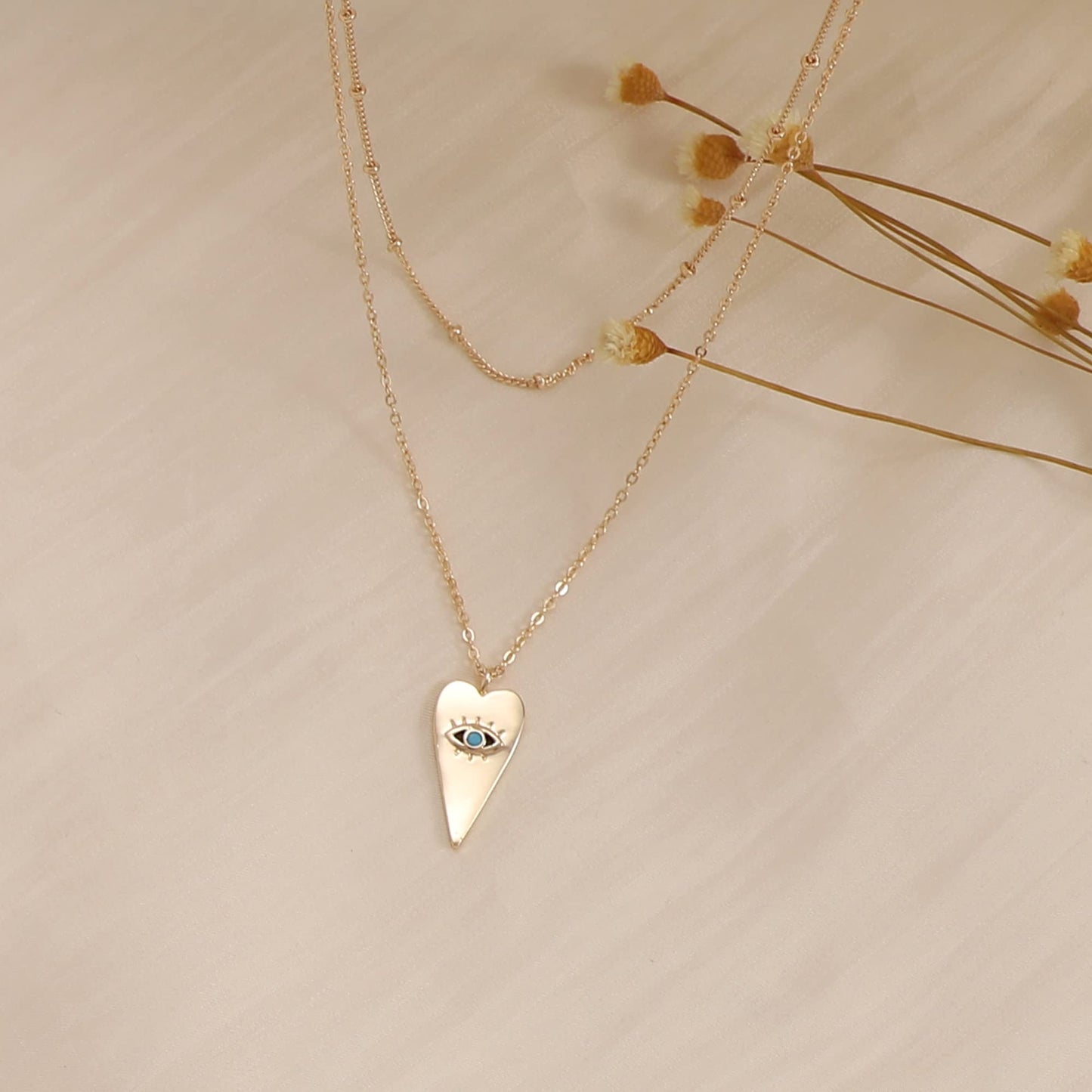 MEVECCO Layered Heart Evil Eye Necklace Handmade 18k Gold Plated Dainty Turquoise Layering Necklace for Women