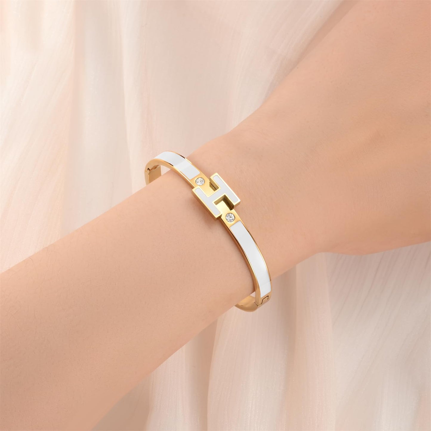 Hothink Gold Bracelets for Women,H Bracelet,Bangle Bracelets for Women,Dainty Bracelet Jewelry Easter Christmas Mothers Day Gifts for Women (White)
