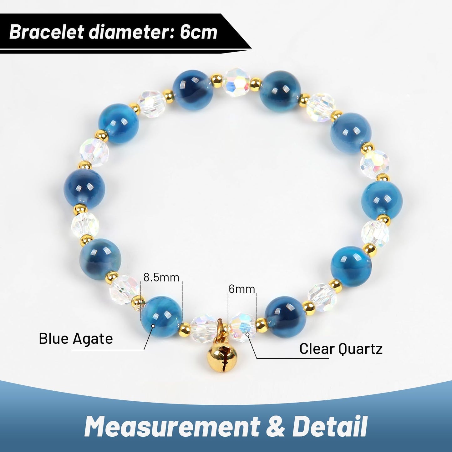 Blue Agate & Clear Quartz Healing Crystal Bracelet with Small Bell – Beaded Bracelets for Women – Energy, Meditation, Yoga, Relaxation, Chakra Balancing, Jewelry Gift, Birthday & Holiday Gift for Coworker, Friend