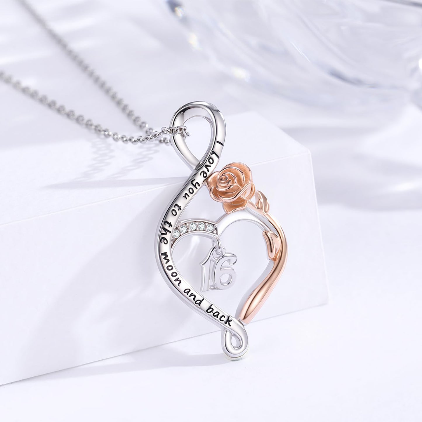 KoyeKei 16th Birthday Gifts for Women Sweet 16 Year Old Necklace 925 Sterling Silver Rose Flower Heart Infinity Pendant Jewelry Christmas Birthday Gift for Sixteen Year Old Daughter Granddaughter