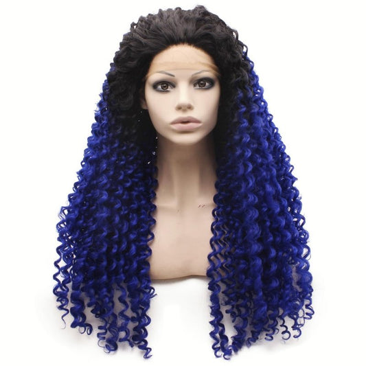 MX angel Long Curly Ombre Blue Wig Frontal Lace Wig Heat Resistant Synthetic Hair Lace Front Wig