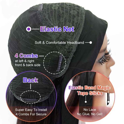 Unvizossa Straight Headband Wig Human Hair Brazilian Virgin Human Hair Wigs for Black Women Glueless Half Wig Machine Made No Lace Front Headband Wig Natural Black Color 22 Inch