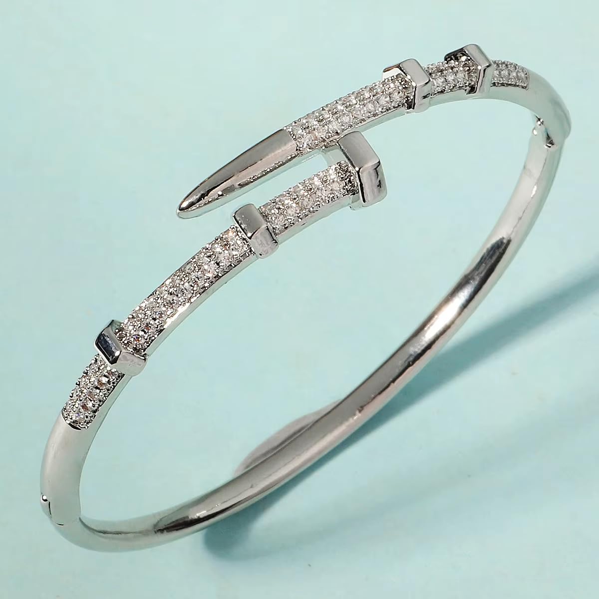 NMAVXKLI Nail Bangle Bracelet for Women 18K Gold Plated Cubic Zirconia Stones Titanium Steel Bracelet Jewelry Valentines Christmas Gifts (Silver)