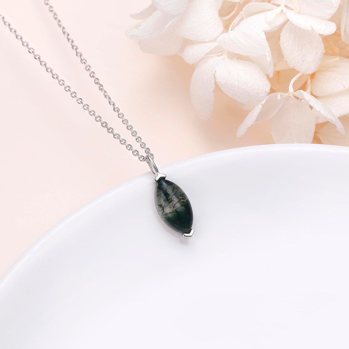 FLYOW Dainty Marquise Necklace 925 Sterling Silver Natural Moss Agate Solitaire Pendant Jewelry for Women Birthday Gifts (Moss Agate Marquise)