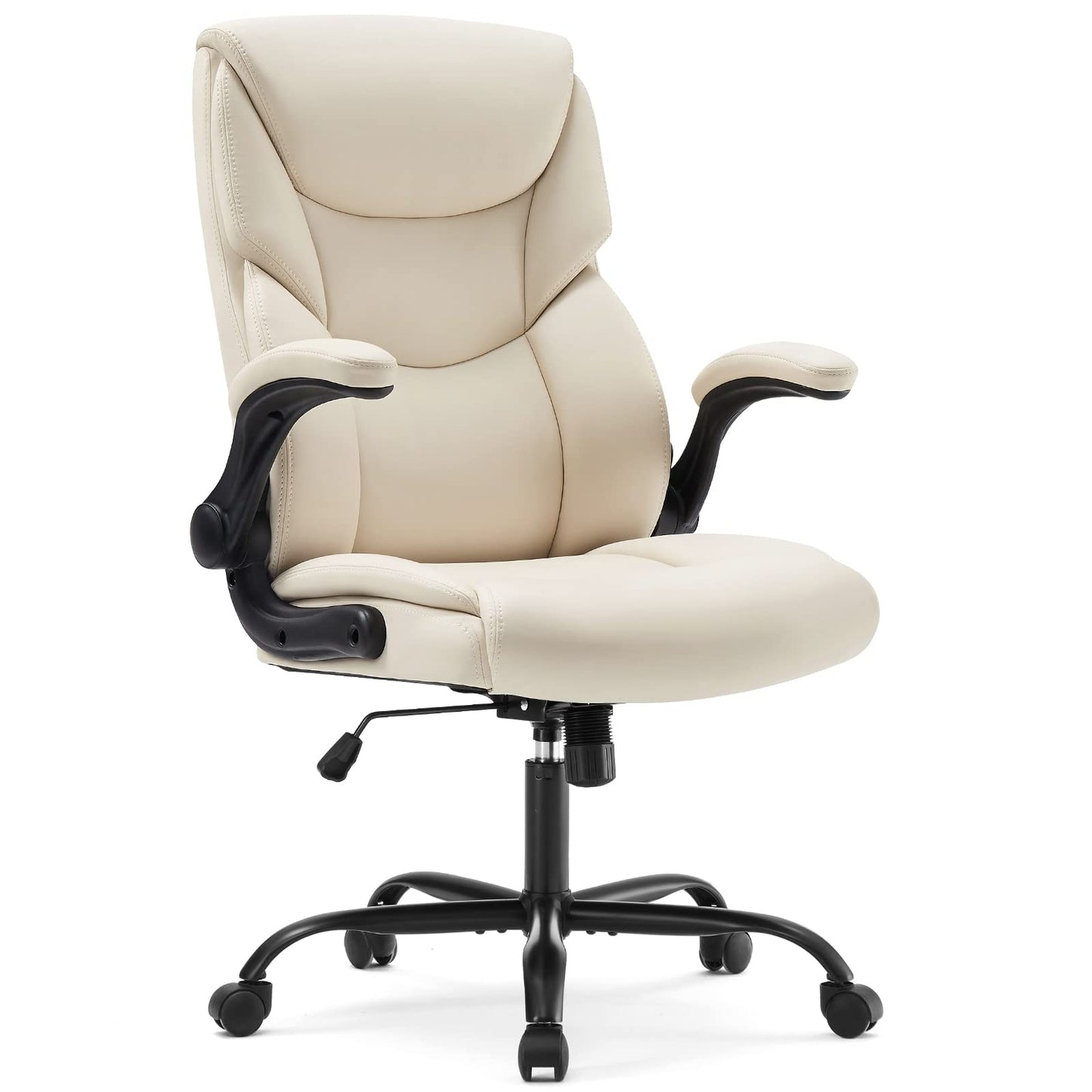 Office Chair - Ergonomic Executive Computer Desk Chairs with Adjustable Flip-up Armrest, Swivel Task Chair with Lumbar Support, Strong Metal Base, PU Leather, White
