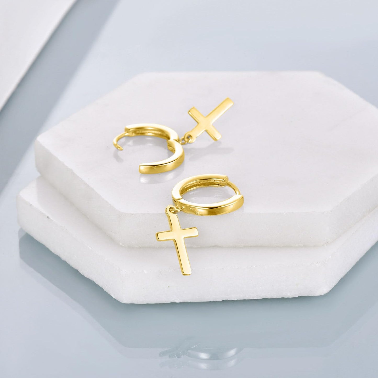 18K Gold Plated Hanging Cross Hoop Earrings for Men Women Sterling Silver Cross Dangle Earrings Religious Jewelry Gifts
