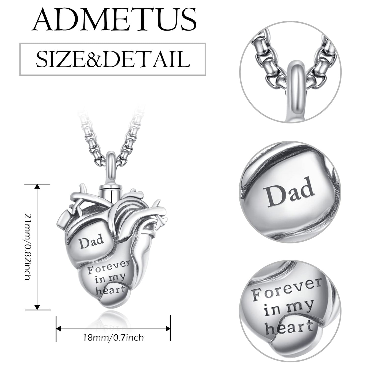 Personalized Anatomical Heart Urn Necklaces for Ashes Sterling Silver Ash Pendants Cremation Jewelry Dad Keepsake Pendant Memorial Jewelry Gifts for Loss of Dad