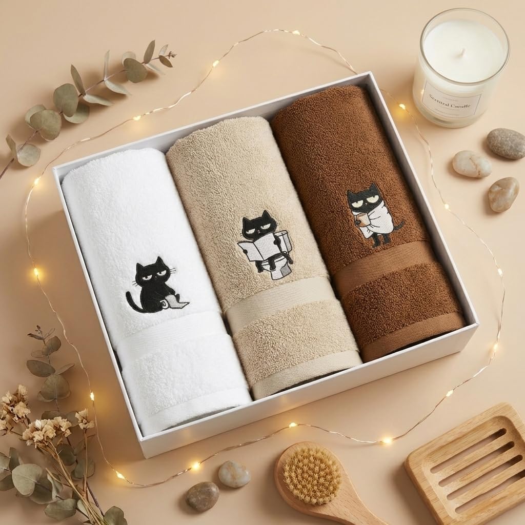 3Pcs 100% Cotton Soft Absorbent Embroidered Hand Towels, Black Cat Decorative Towels for Bathroom and Kitchen, Funny Cat Hand Towels Bathroom Decor, Cat Lover Gifts for Women, 15.75 x 31.5 Inches