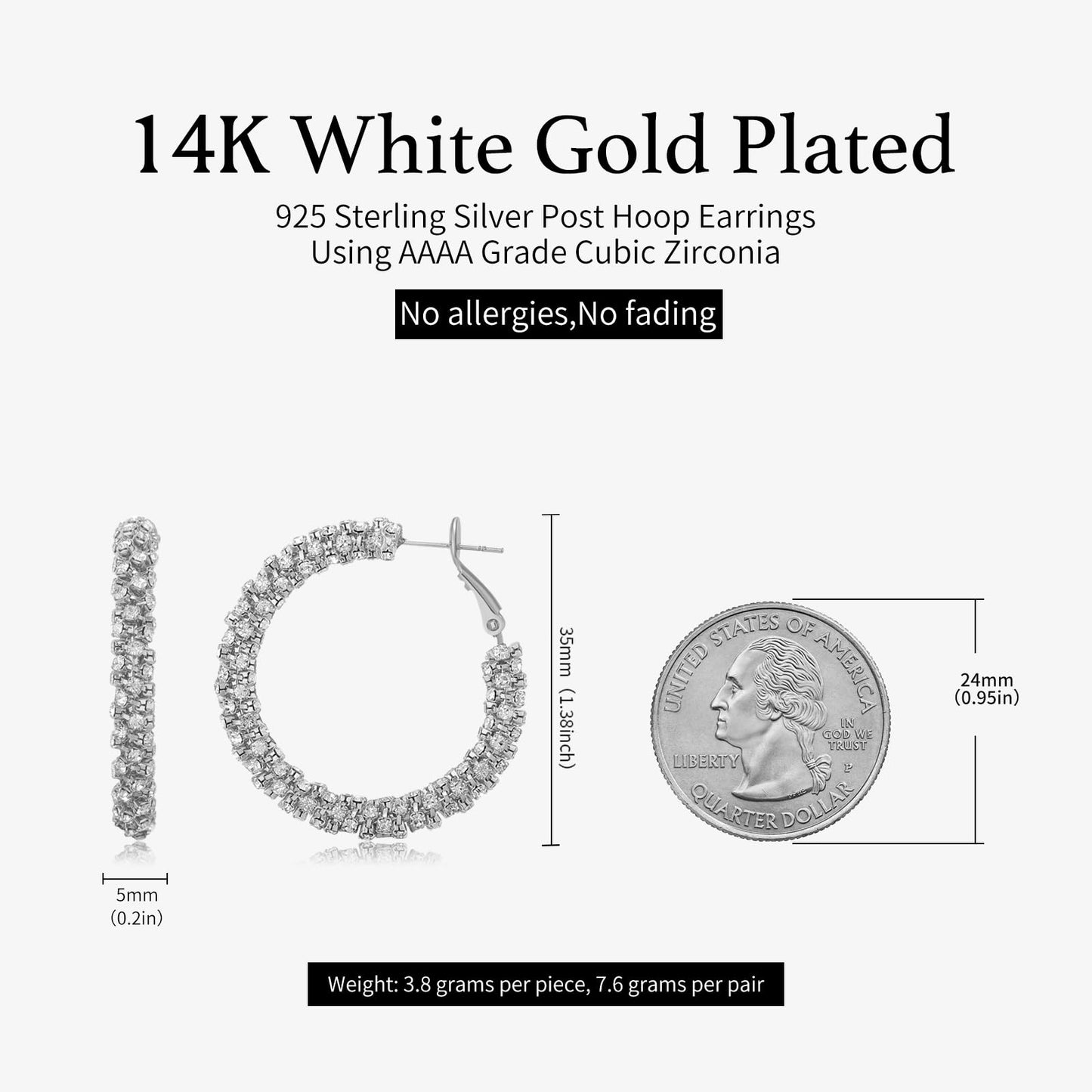 SayovatBek 14K Gold Plated 25–35mm Lightweight Hoop Earrings for Women, Cubic Zirconia, 925 Sterling Silver Post, Hypoallergenic Jewelry