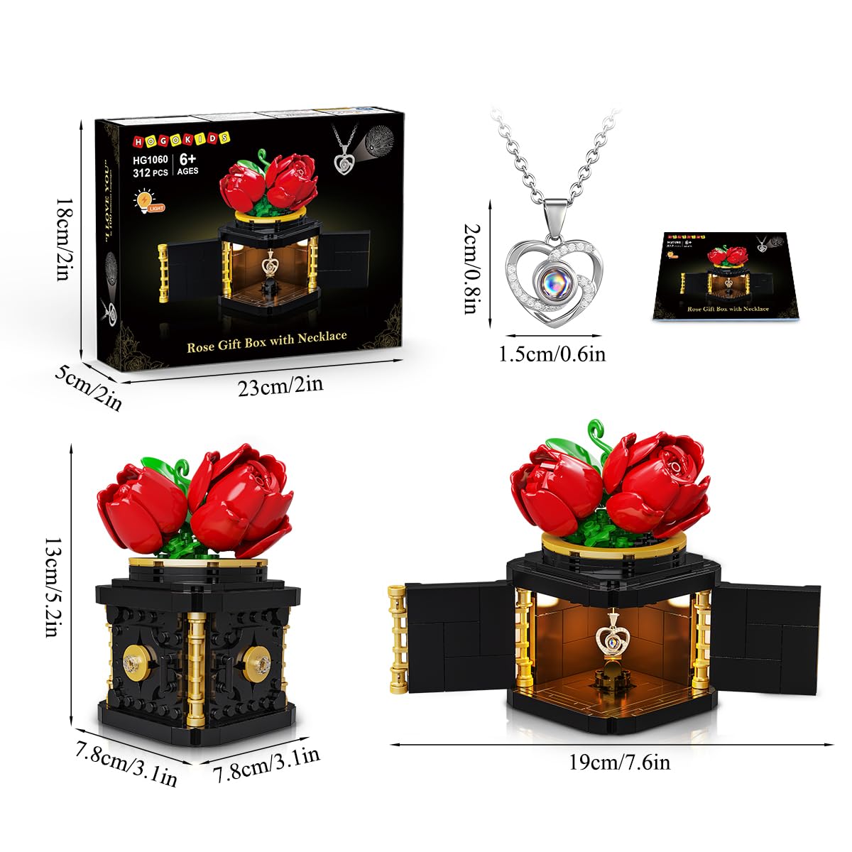 HOGOKIDS Flowers Box Building Set with LED & Necklace, for Mom/Wife, 312PCS Preserved Rose with Heart Necklace for Adults Women on Birthday Anniversary, I Love You in 100 Languages