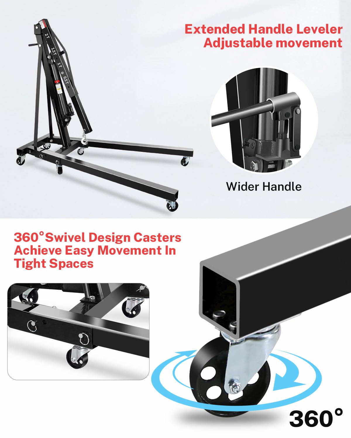 2 Ton Hydraulic Engine Hoist Crane, Folding Heavy-Duty Cherry Picker with 6 Locking Wheels & 4 Boom Positions, for Truck/SUV Engines, Garage Workshop, Industrial Lifting (Net Wt. 157 lbs)