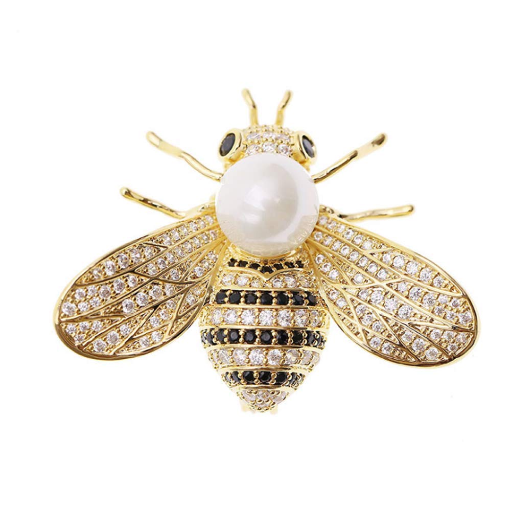 Honey Bee Brooches Crystal Insect Themed Bee Brooch Animal Fashion Shell Pearl Brooch Pin 14K Gold Plated (white pearl)