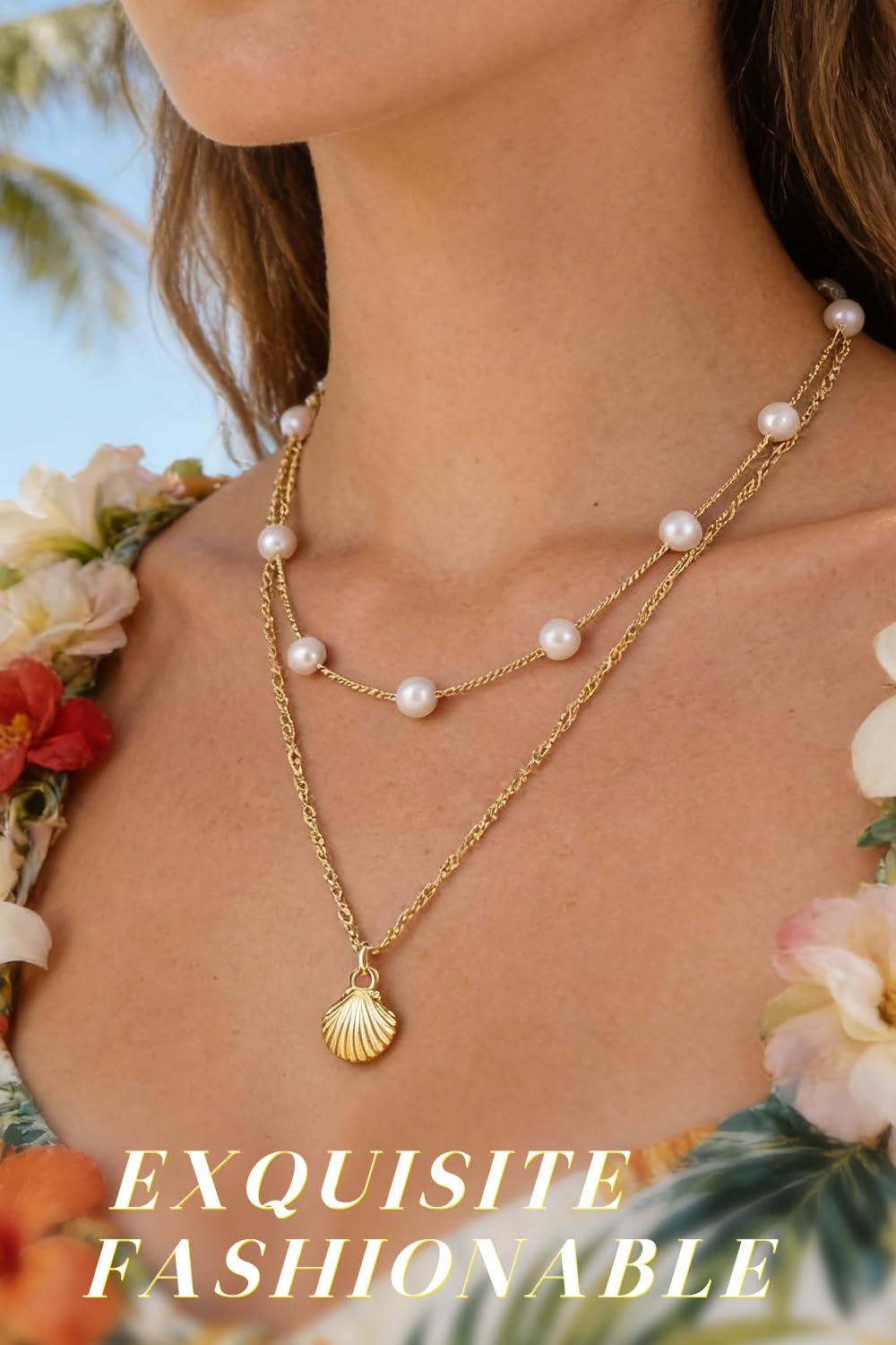 Beach Layered Shell Necklace for Women, 14K Gold Plated Starfish Conch Seashell & Pearl Charm Pendant, Dainty Coastal Summer Vacation Jewelry (Seashell Necklace)