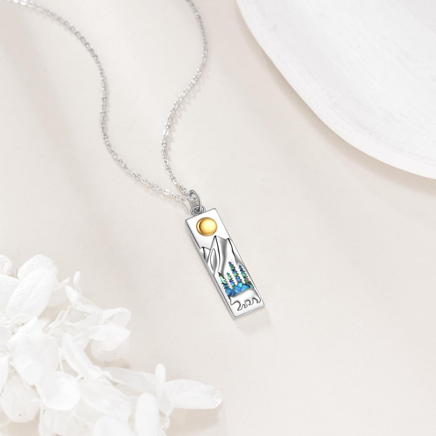 YFN Mountain Necklace for Women Sterling Silver Nature Jewelry Gift for Skiers, Hikers, Campers, Climbers and Nature Lovers (Silver-Sun Bear Mountain Necklaces)