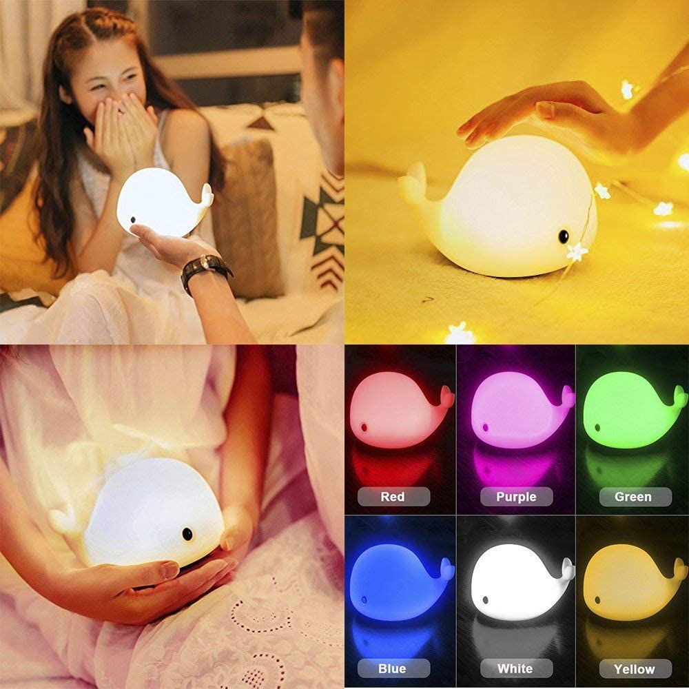 OURRY Cute Whale Night Light for Kids,Kawaii Baby Night Light with 7 LED Colors Changing,Tap Control Nursery Squishy Night Lamp,USB Rechargeable,Birthday Gifts for Baby,Girls,Boys,Toddler,Children
