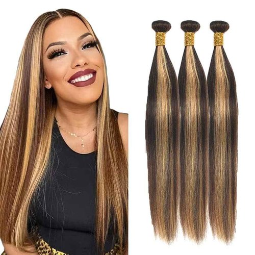 Habiliana Bundles Human Hair 24 26 28 Inch Straight Wave P4/27 Human Hair Bundles 11A Unprocessed Brazilian Virgin Quick Weave Hair Extensions for Black Women