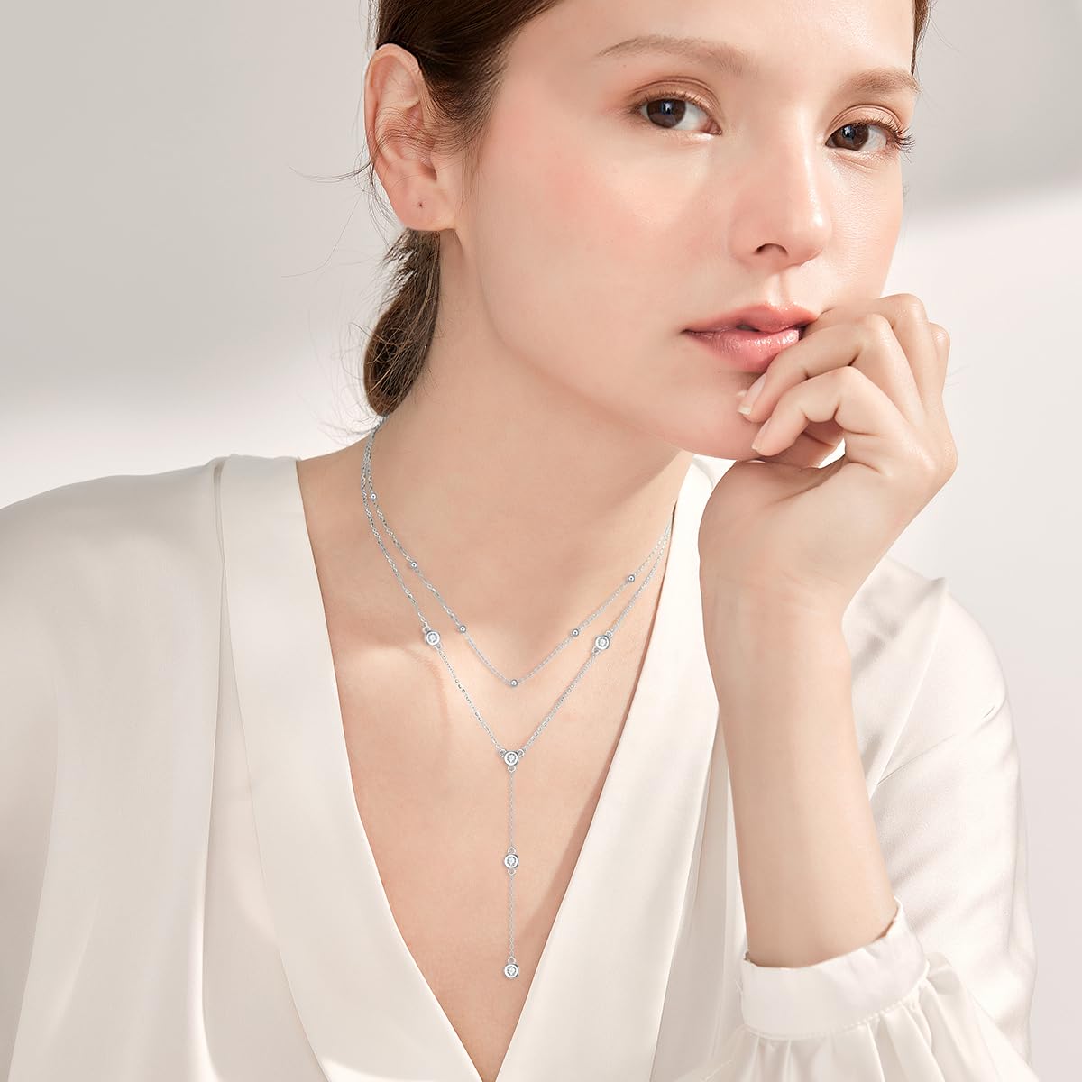 LWXIE Diamond Station Layered Lariat Necklace for Women 925 Sterling Silver Layering Y-Shaped Chain Necklace with Lab Grown Diamond Jewelry Gifts 0.3 CTTW D Color VVS Clarity, 14 inch + 16 inch Chain