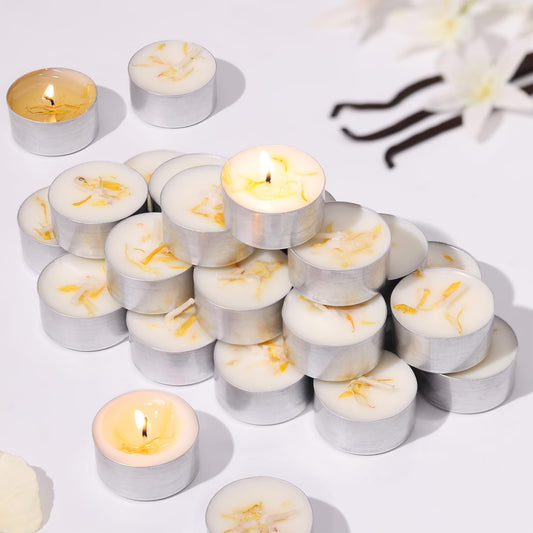 16 Pcs Vanilla Scented Tealight Candles, 6H Long Burning - 100% Palm Wax Based Scented Tea Lights with Dried Flowers, Non-Toxic/Smokeless Tea Lights Candles Bulk for Spa, Bath, Wedding