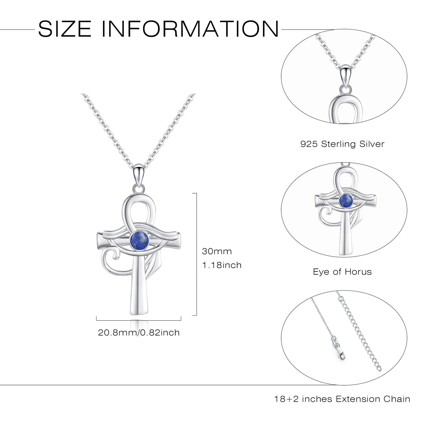 MOPOPOK Eye of Horus Necklace S925 Sterling Silver Ankh Cross Necklace with Lapis Lazuli Egyptian Eye of Horus Protection Cross Jewelry Gifts for Women Birthday Christmas