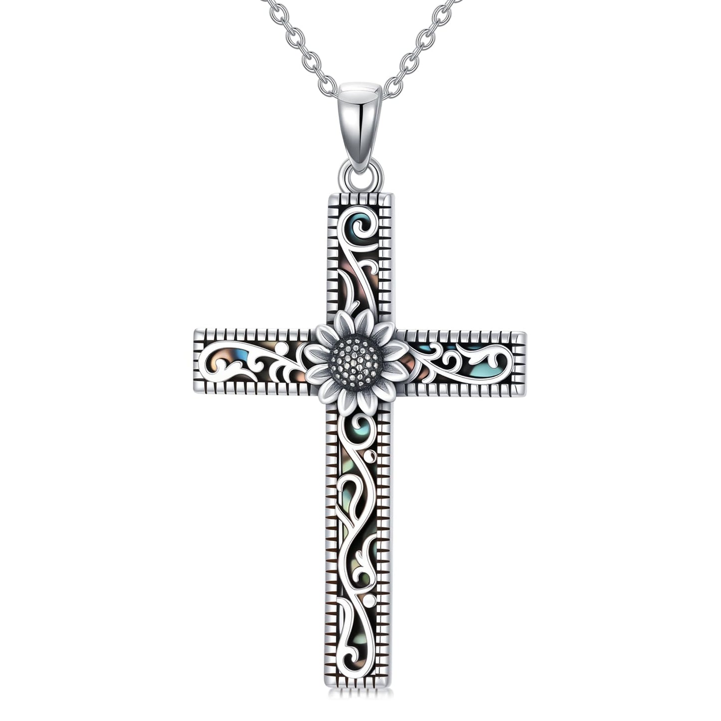 KoyeKei Sunflower Necklace for Women 925 Sterling Silver Sunflower Gifts Filigree Cross Pendant Religious Faith Graduation Jewelry Mothers Day Gift for Mom Wife Sister Christian