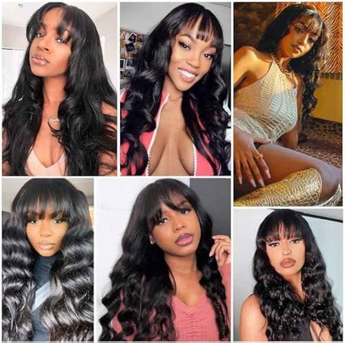 ROSELINE Body Wave Wigs with Bangs Human Hair Wigs for Black Women None Lace Front Wigs 150% Density Brazilian Virgin Hair Glueless Wig Natural Color 20inch
