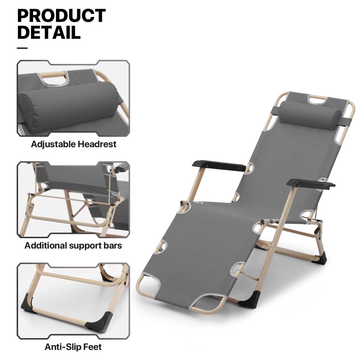MoNiBloom Patio Lounge Chair Set of 2 Folding Lawn Lounger Outdoor Camp Reclining Chair with Adjustable Headrest for Garden Yard Pool Side, 330lbs Capacity