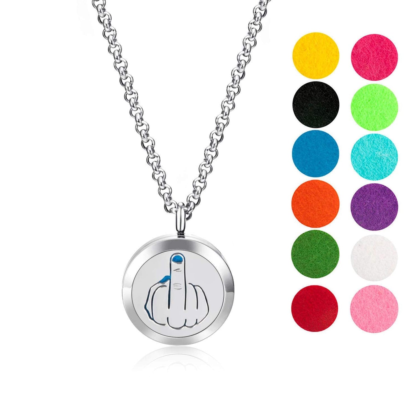 Wild Essentials Middle Finger Essential Oil Diffuser Necklace, Stainless Steel Locket Pendant with 24 inch Chain, 12 Color Refill Pads, Customizable Color Changing Perfume Jewelry for Aromatherapy