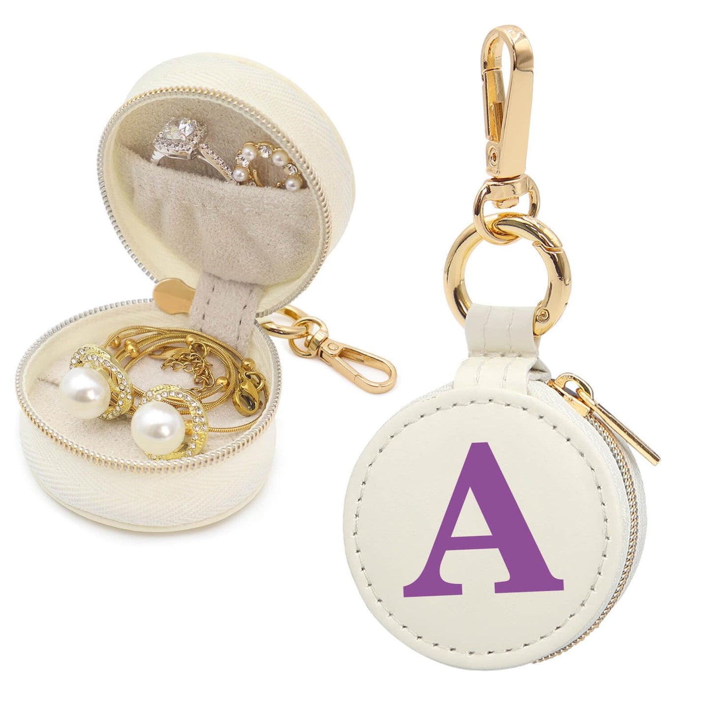 Mini Initial Travel Jewelry Case Ring Holder, Beige Faux Leather Small Jewelry Organizer Box Gifts for Women Girls Nurse Teacher, Gym Travel Accessories Keychain Pouch for Earrings Rings Necklace A
