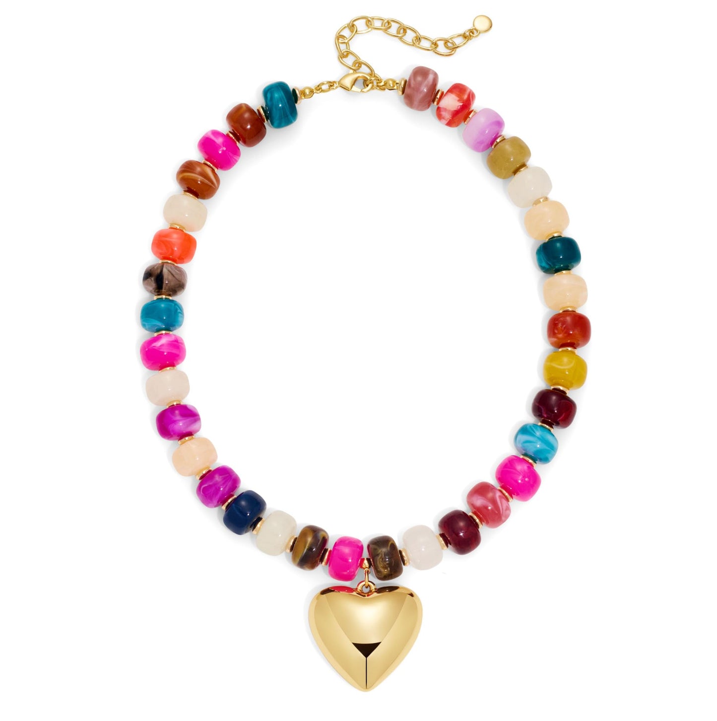 ENSKEFEN Colorful Beaded Necklace Chunky Heart Necklaces for Women Stylish Gold Puffy Heart Pendant Necklace Vibrant Resin Acrylic Beads Statement Necklaces