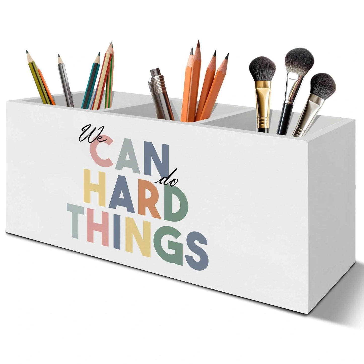 LIANGEAGOM Boho Inspirational Pen Pencil Holder Organizer for Desk Accessories, Mental Health We Can Do Hard Things Motivational Wooden Box Signs Decorations for Therapy Counselor Office Desk Tabletop