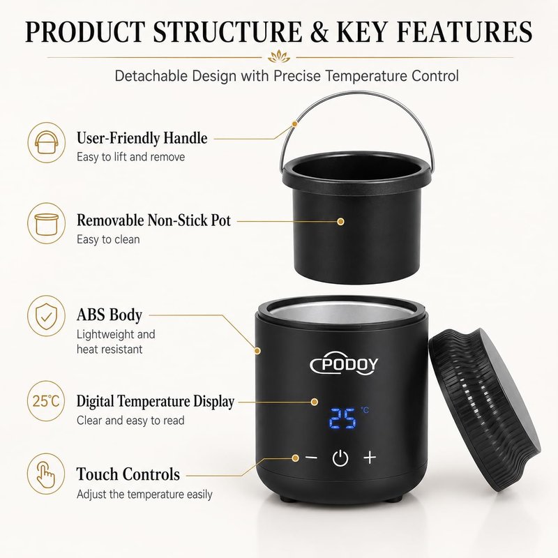 Podoy Mini Wax Pot Warmer for Hair Removal, Small Portable Travel Wax Melt Heater Machine Digital Display for SPA Salon Brow Body Nose Upper Lip Hair Waxing with 100 Waxing Sticks
