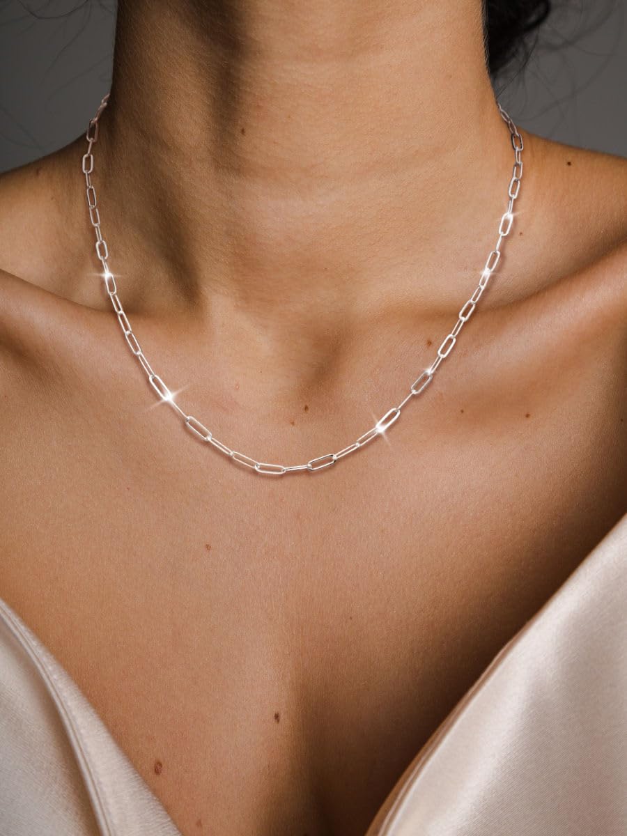 MBW Dainty Silver Paperclip Chain Necklace, Long Simple Sterling Silver Charm Choker Necklaces for Women Trendy 20in Minimalist Aesthetic Link Necklace Waterproof Jewelry Trending Gifts for Women
