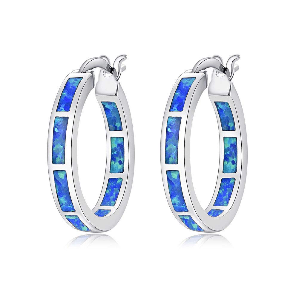 CiNily Sterling Silver Plated Hoop Earrings, Blue Opal Small Hoop Earrings for Women Hypoallergenic Earring Jewelry Ear Hoops Gemstone Round Hoops for Ladies