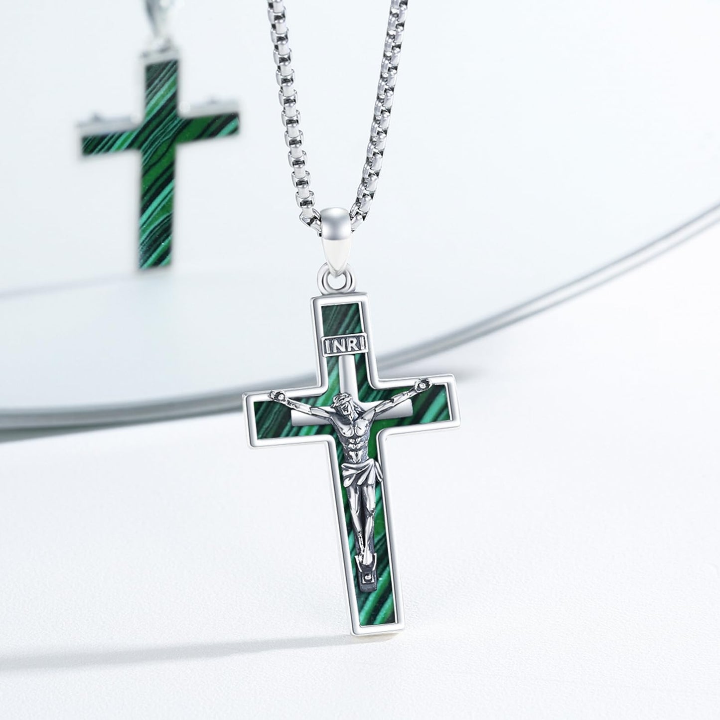 YEESIA Cross Necklace for Women Men 925 Sterling Silver Jesus Crucifix Pendant Necklace with Malachite Cross Jewelry Gift for Women Men