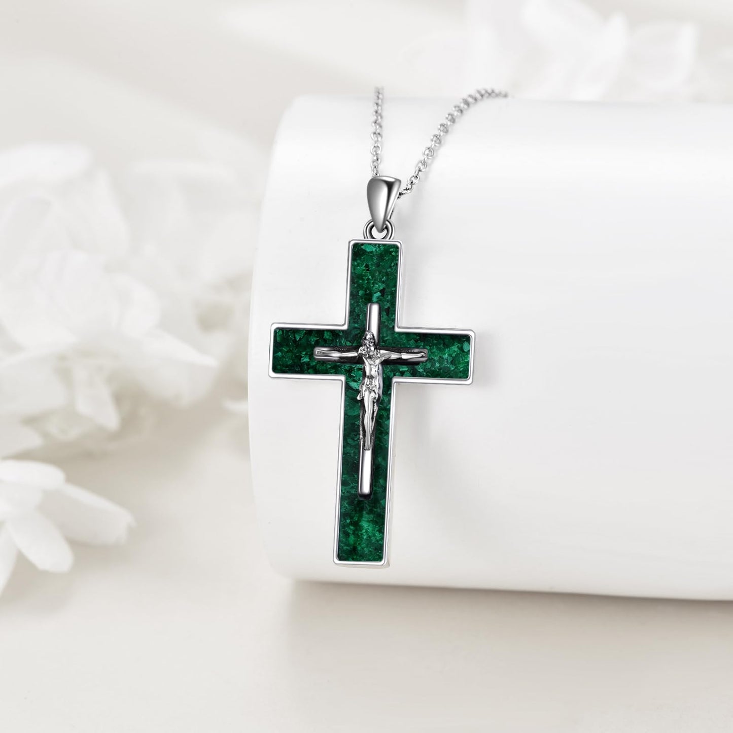 YFN Crucifix Cross Necklace Sterling Silver Jesus Cross Pendant Green Malachite Jewelry Christian Gifts for Women Men