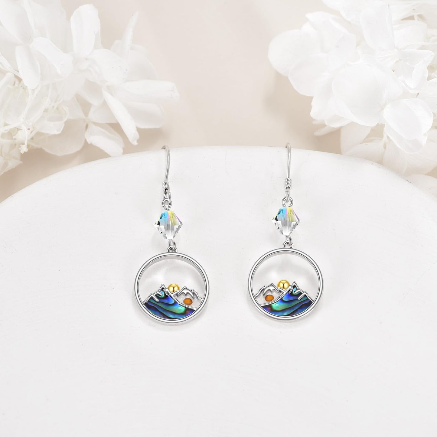 AOBOCO Mustard Seed Earrings for Women 925 Sterling Silver Round Sun Earrings Dangle Religious Mustard Seed Jewelry Christain Christmas Birthday Gifts for Mom Friends(Round Mountain Hooks)