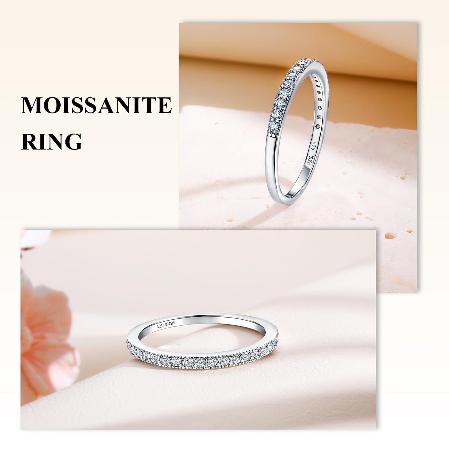 AGRULE 0.25 Cttw Moissanite Engagement Rings for Men Women 925 Sterling Silver Half Eternity Band Ring Stackable Wedding Bands Created Diamond Ring, Size 6