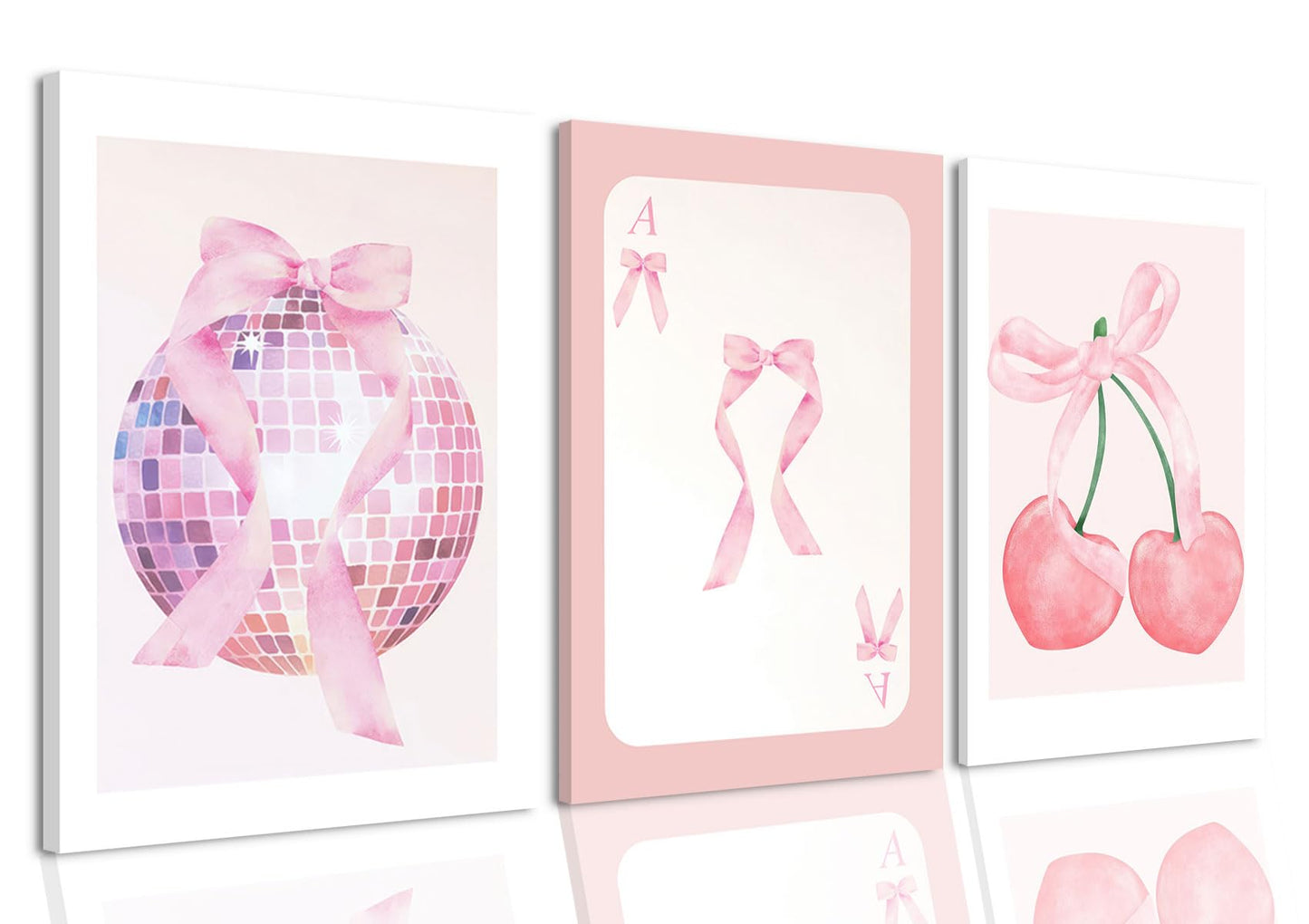MTFBWY Pink Coquette Wall Art Canvas Prints Set of 3, Pink Bow Disco Ball & Cherry Aesthetic Room Decor, Complete Set Preppy Posters for Girls Bedroom Dorm Gift, Ready to Hang 12x16in