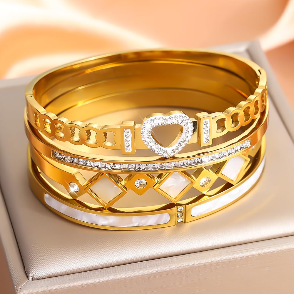 Stainless Steel Bangle Bracelet Set for Women - Gold Love Bangle Non Tarnish Jewelry with Sparkling Crystal Inlay for Love Gifts