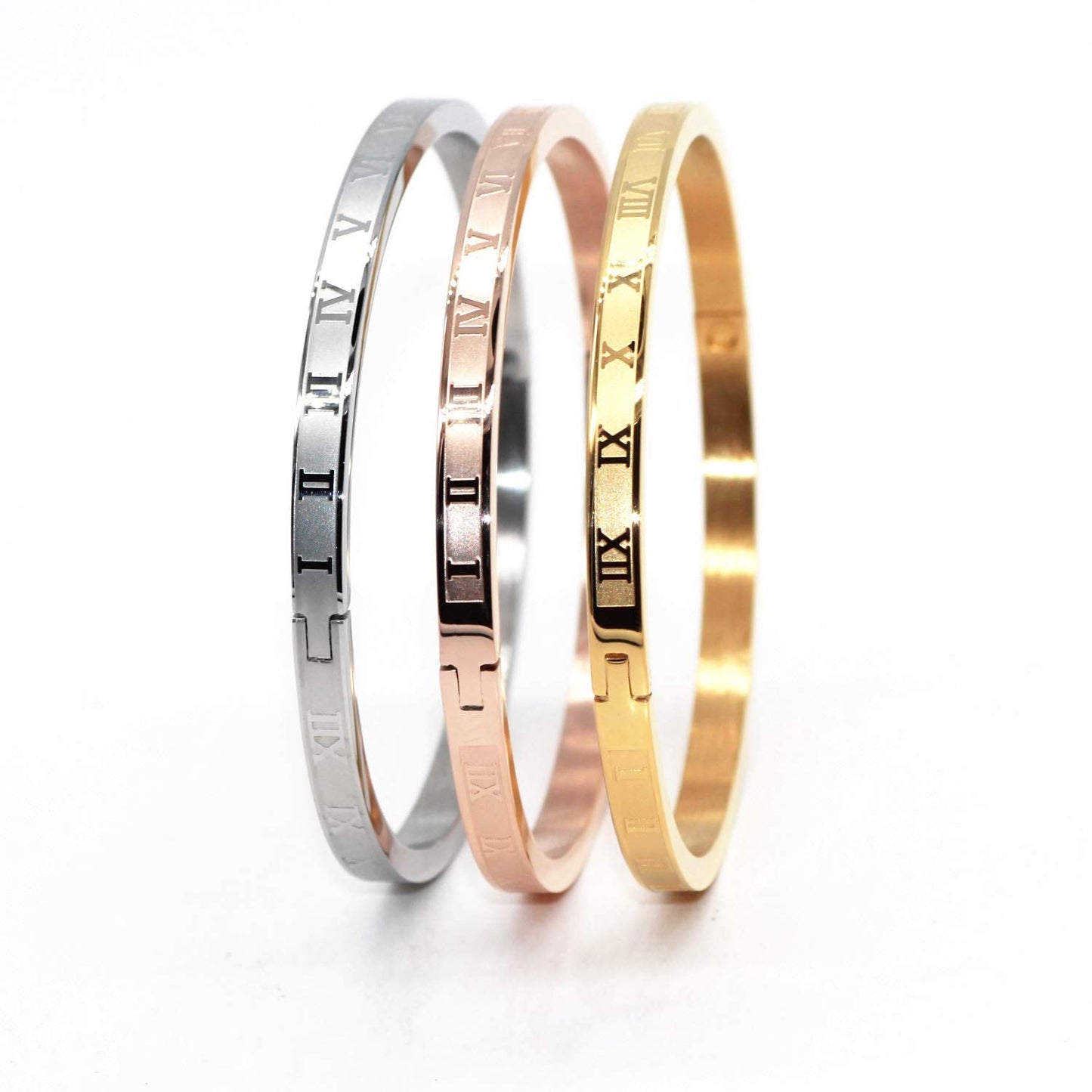 Jarlinwel Gold Silver Plated Bracelets for Men Women Roman Numeral Bangle Bracelet Stainless Steel Personalized Engraved Unisex Gift (4mm Womens 3 Color Set)